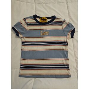 Lee Forever 21 Striped Crop T-Shirt Blue Cream Orange Logo Tee Women's XS